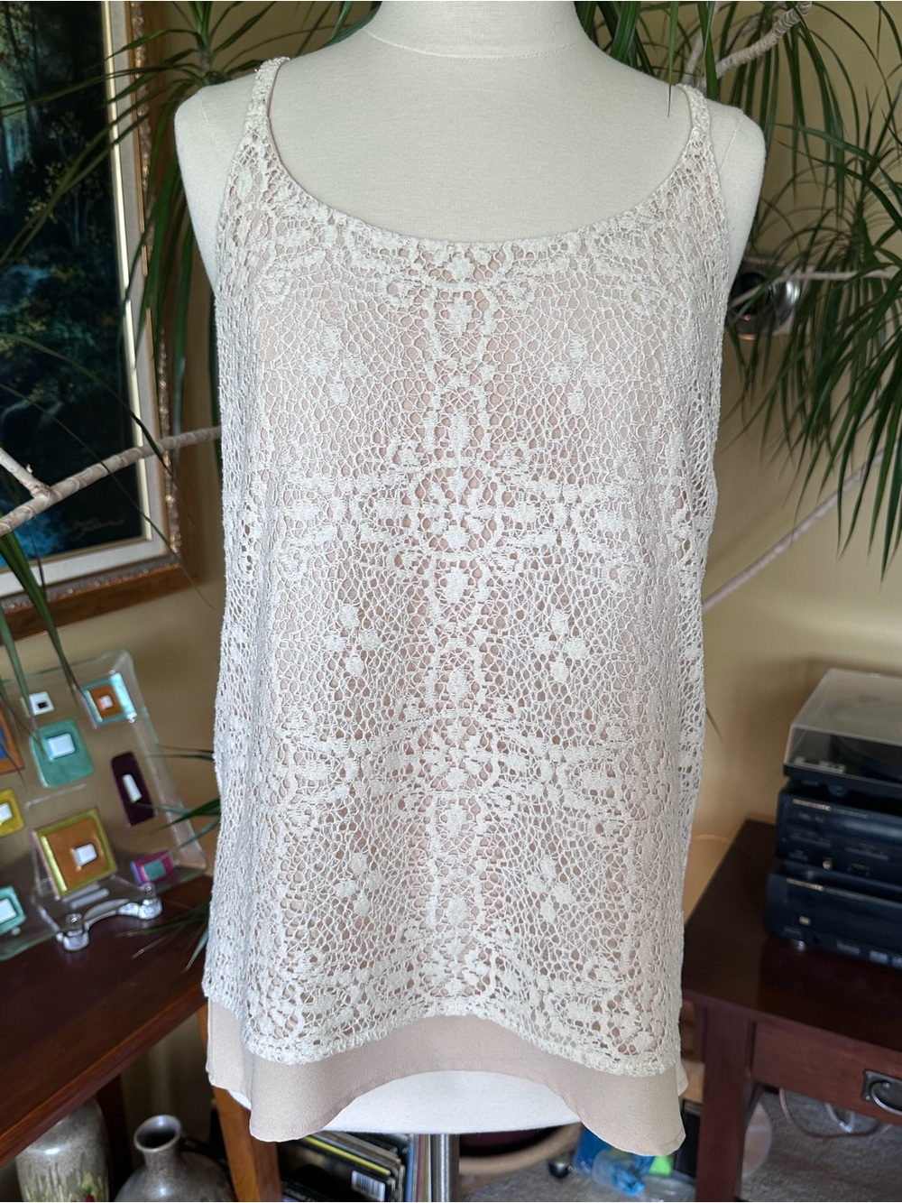 CAbi ‘It Girl’ Ivory/ crochet lace overlay with nude/light pink contrast lining